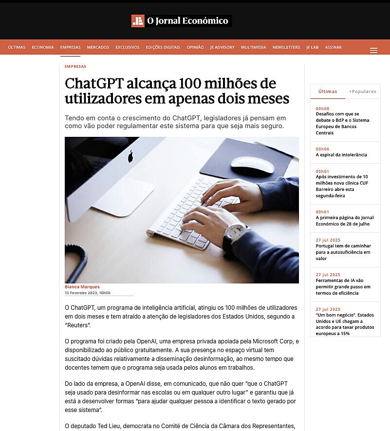 ChatGPT alcana 100 milhes de utilizadores em apenas dois meses